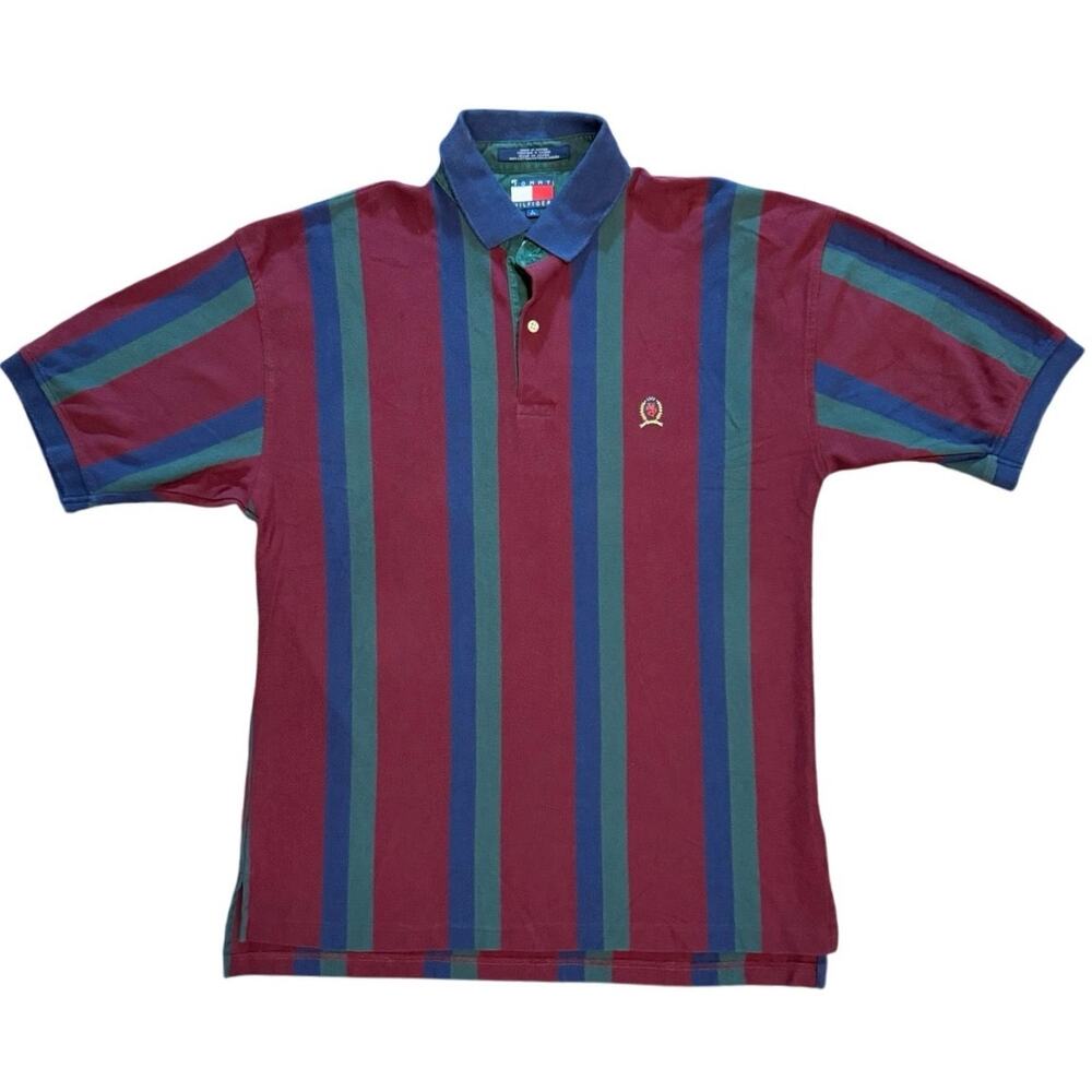 Vintage 90s Tommy Hilfiger Crest Polo Shirt Striped Made in Saipan Large